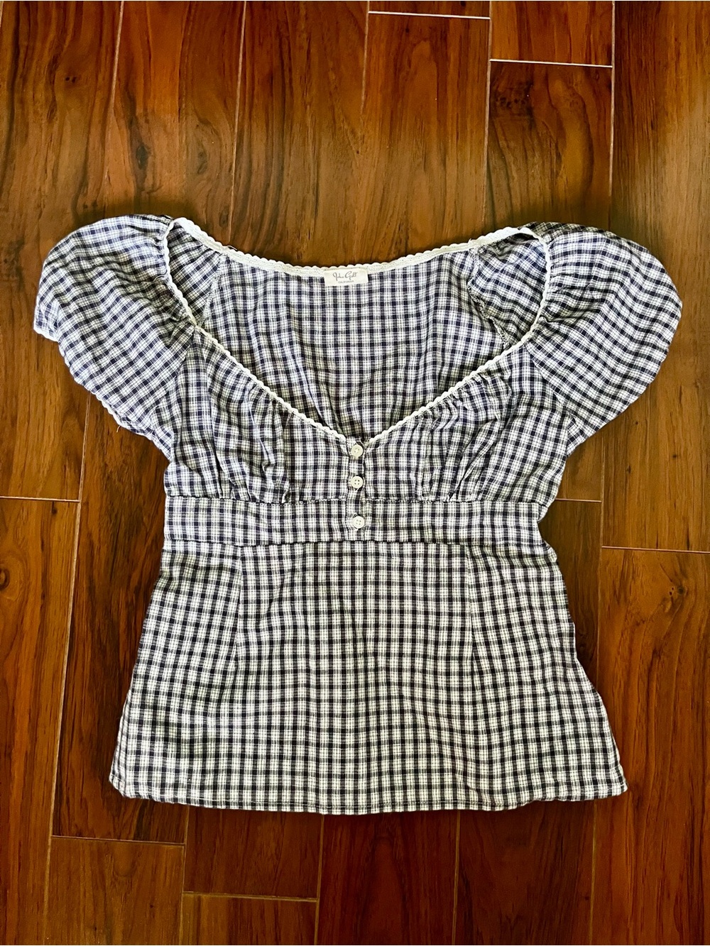 Brandy Melville John Galt Blue Plaid Puff-Sleeve Peplum Top